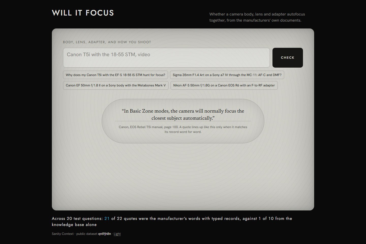 Will It Focus: whether a camera body, lens and adapter will autofocus together, with every quote checked by code against the manufacturer's own document